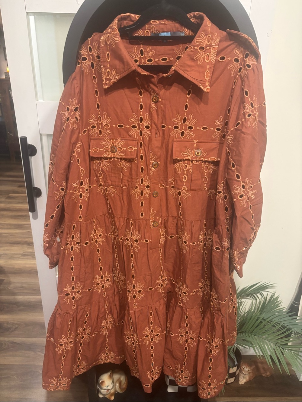 Anthropologie Eva Franco Rust Orange Embroidered Eyelet Tiered Shirt Dress